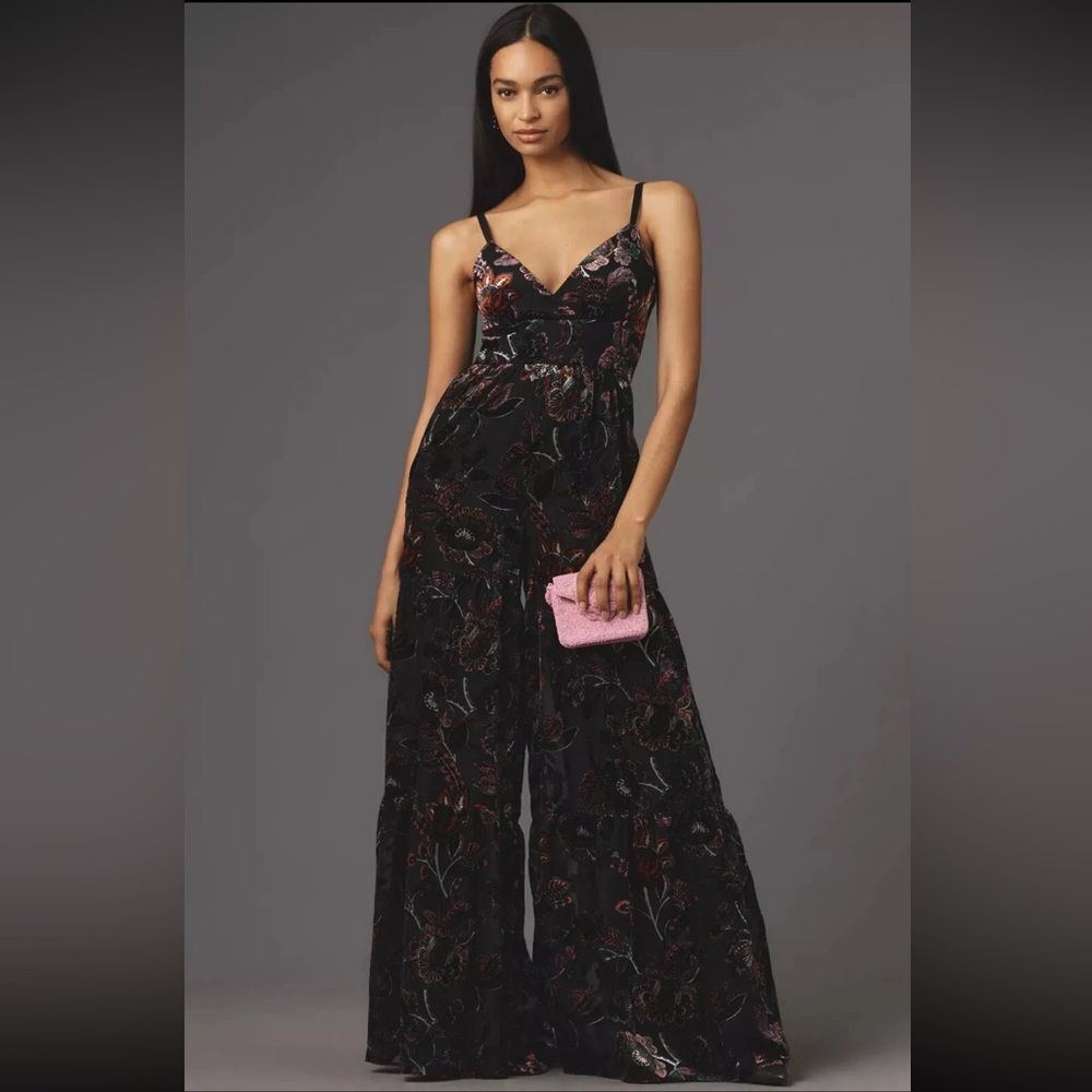 Anthropologie Hutch Tiered Velvet Floral Wide Leg Jumpsuit Size 6